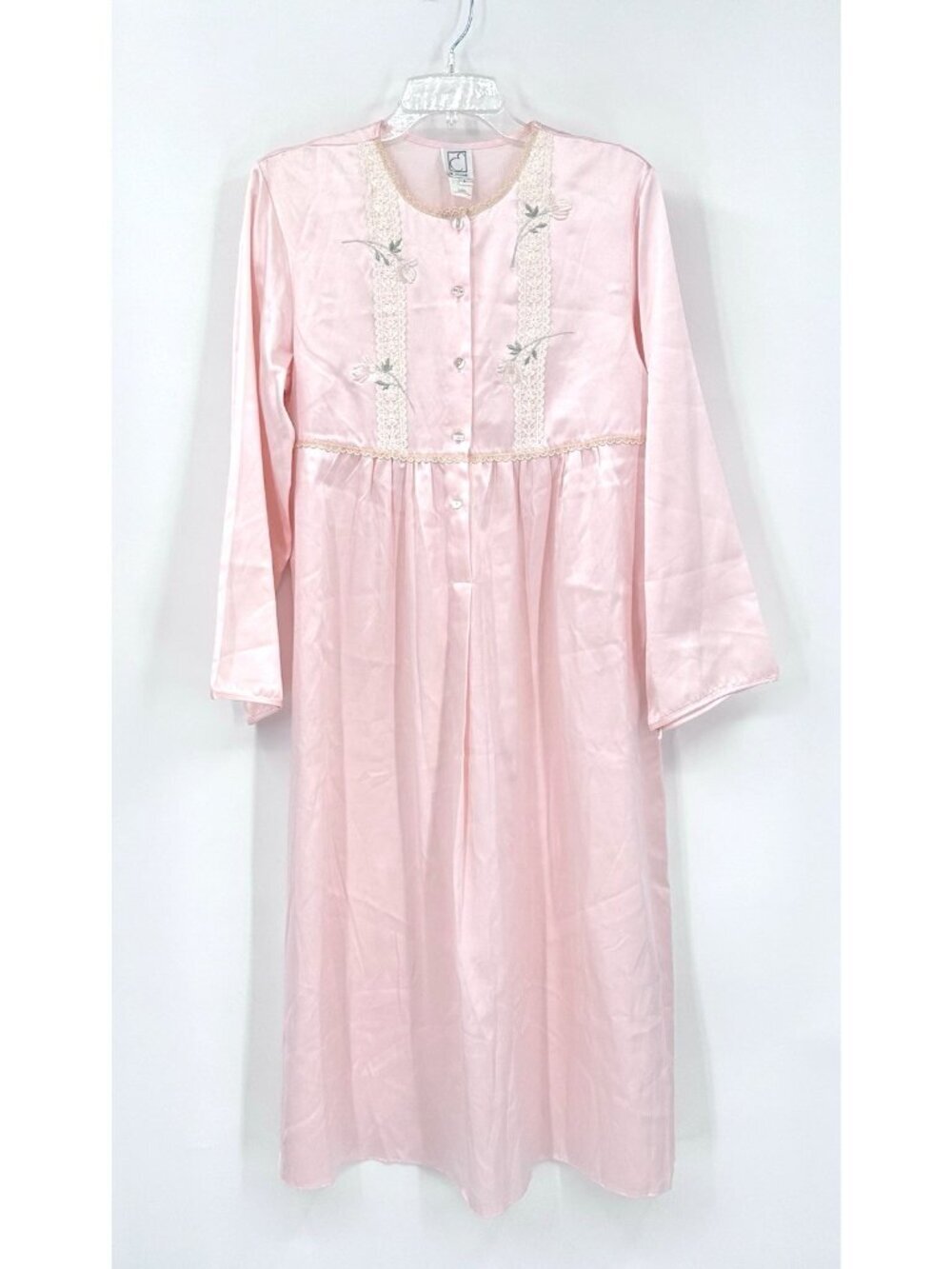 vintage EVE STILLMAN satin pink robe housedress LARGE cottagecore lounge lace - Picture 2 of 11